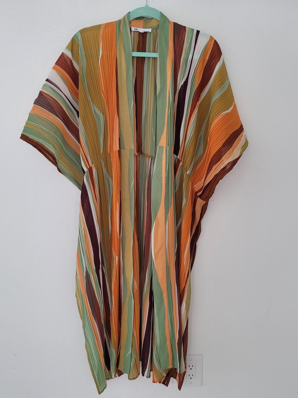 DR2 Multicolor Striped Pleated Swim Coverup - Green, Orange, Brown One Size